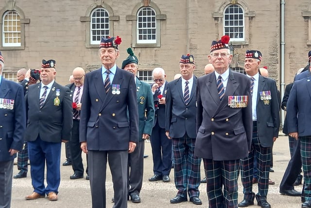 Veterans wearing their 'Minden' roses at the Barracks parade ground.