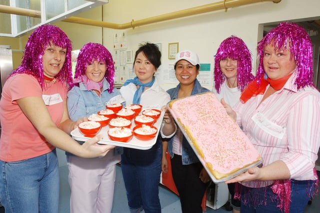It was Pink Lady Day at Lindisfarne Middle School, Alnwick, in November 2003, and dinner staff dressed up as Pink Ladies from Grease.