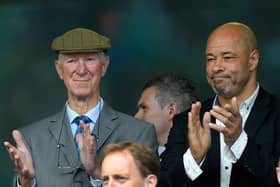 Jack Charlton and former player Paul McGrath at an international friendly match between Republic of Ireland and England in 2015. The statue will depict Jack in his famous flat cap.