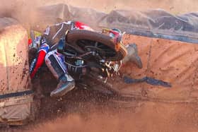 Redcar Bears' Jason Edwards was able to continue racing after this crash. Picture: Taz McDougall