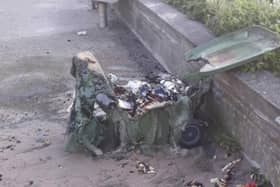 A wheelie bin that caught fire on Blyth beach after the improper disposal of a disposable barbecue. Photo: Mary Baxter.