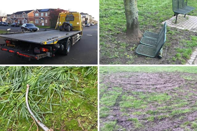 People in the area reported loud noise levels, as well as the rider of the vehicle causing significant damage to the grass, benches and street fixtures.