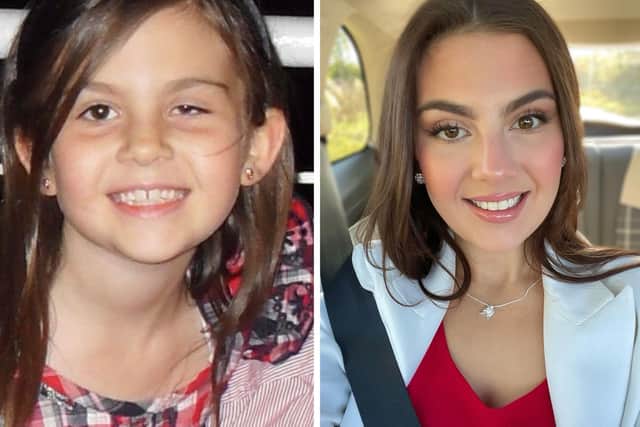 India Fenwick pictured as a child and now as an adult.