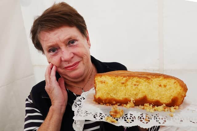 Elizabeth Ward  and her lemon drizzle cake that was half eaten by Violet the labrador at Warkworth Show 2019.