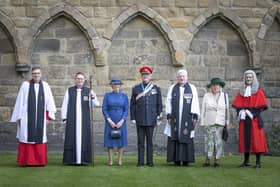 From left, Canon David Glover, Rector of Hexham, The Bishop of Berwick (Rt Revd Mark Wroe), Camilla Royds, Colonel James Royds, Canon Alan Hughes, Susan Hughes, His Honour Judge Paul Sloan. Picture by Verity Johnson.