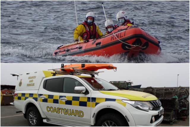 A photo of Seahouses RNLI volunteers and another of Seahouses Coastguard Rescue Team shared by the groups following on from the call out to Budle Bay.