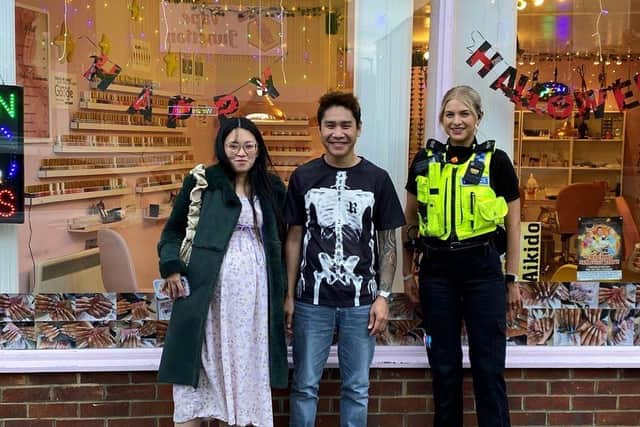 PC Sophie Dunn (right) with Blyth Nails Spa owner Nhung Nguden and her partner.