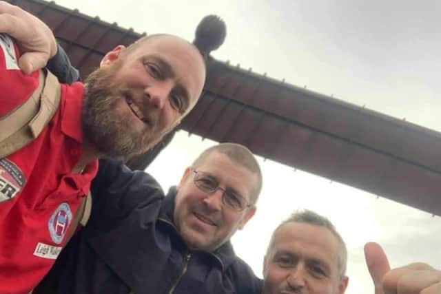 Leigh Walker (left) and Paul Connolly reached the Angel of the North on Saturday, after passing Hartlepool and Durham.