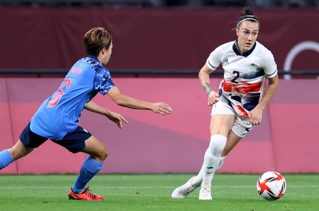Lucy Bronze playing for Team GB against hosts Japan in the Olympic 2020 Women's First Round Group E match in Sapporo on Saturday (July 24), Day 1 of the games. Photo by Masashi Hara/Getty Images.