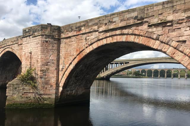 Photograph showing cracks and eroded stone, and vegetation, on Berwick Old Bridge taken by Alan Hughes.