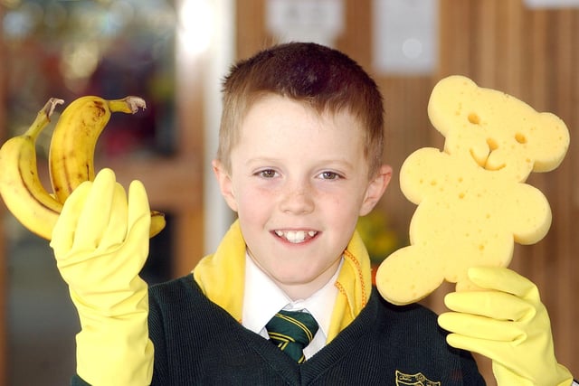 Yellow Assembly at St Oswald's School, Alnwick, to launch Charity Month of Fundraising in March 2004.