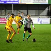 Young Blyth Spartans forward Jamie Clark in action against Boston United. (Photo credit: Steve Betts)