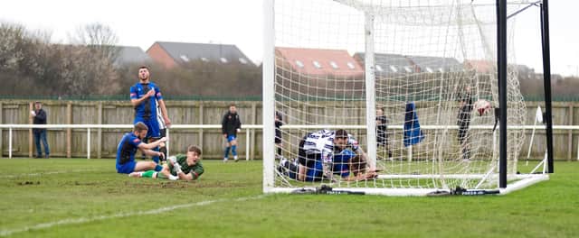 Connor Thomson bundled Dan Maguire's cross over the line for the equaliser against Cleethorpes. Picture: Ian Brodie
