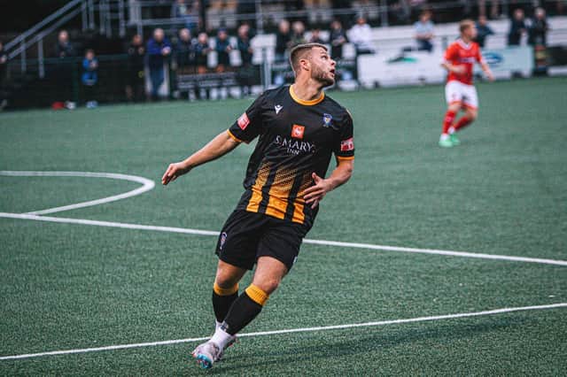 Sam Hodgson has extended his loan deal at Morpeth Town until the end of the season and celebrated by scoring against Marske United. Picture: Michael Briggs