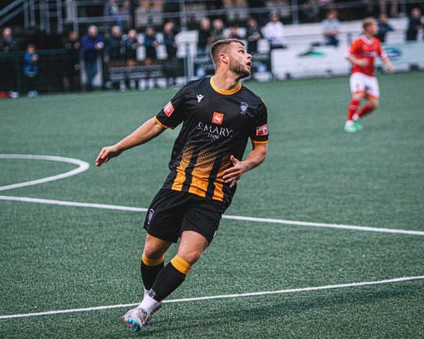 Sam Hodgson has extended his loan deal at Morpeth Town until the end of the season and celebrated by scoring against Marske United. Picture: Michael Briggs
