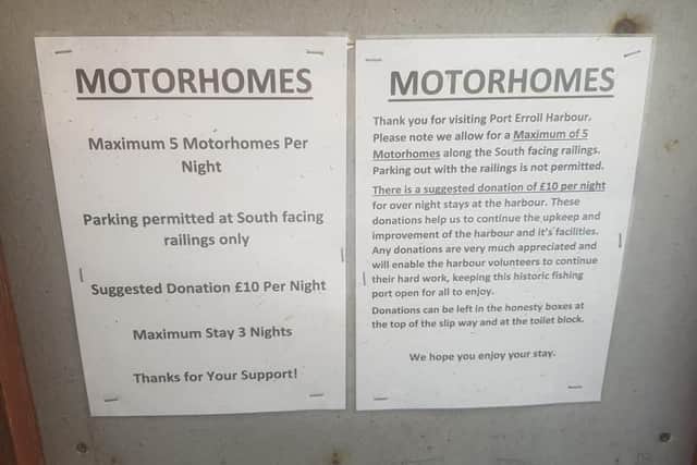 A notice to motorhome drivers in Port Erroll, Peterhead.
