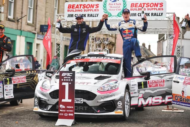 Adrien Formaux and Alex Coria celebrate their win at the Jim Clark Rally. Picture: BRC