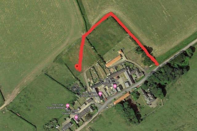 The proposed site of the home in Tughall, with the approximate access track in red. Picture from Google Maps