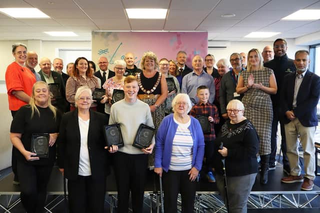 All of the winners with the town's Mayor, Cllr Helen Morris, fellow Cramlington Town councillors and award sponsors. Photo: Cramlington Town Council.