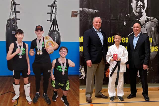 George Wardle, Keowan Eaton and Robert Howey at the Hybrid Kickboxing World Championships, and Niall Keen-Jolly with his karate black belt.