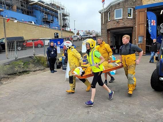 Seahouses lifeboat crew on their fund-raising challenge.