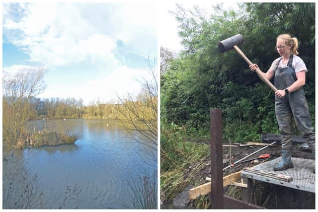 Estates assistant Chloe Cook installing the viewing platform at Newsham Pond (also pictured) after damage to the previous one. (Photo by Northumberland Wildlife Trust)