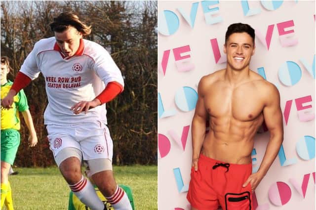Brad McClelland in action for New Hartley Juniors (Picture courtesy of Steve Miller), and (right) will be appearing on Love Island (Picture from ITV).