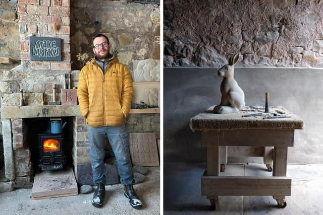 Luke Batchelor in his workshop and his hare carving in Hazeldean sandstone.