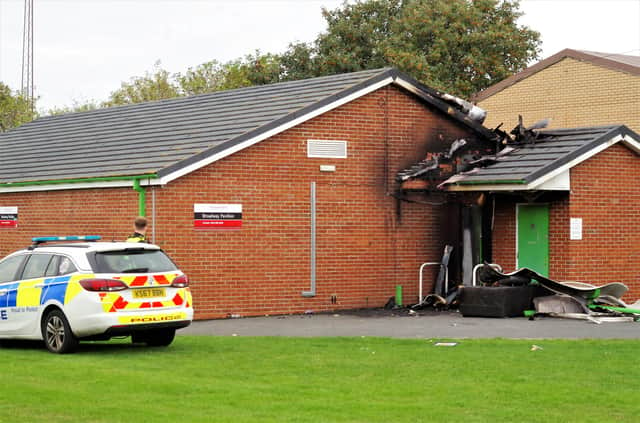 The aftermath of the fire at Broadway Park Sports Pavilion in Blyth.