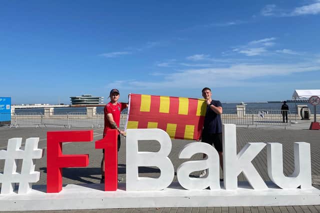 Josh English and Liam Coates fly the flag for Northumberland the Formula 1 in Baku. Picture: Josh English.