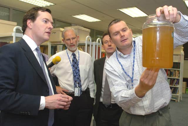 Philip Souter, right, with George Osborne when the former shadow chancellor Procter and Gamble in Longbenton in 2015.