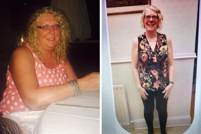Trudie Morland pictured before her weight loss and a recent photo of Trudie.