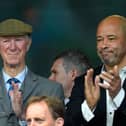 Jack Charlton and former player Paul McGrath at an International friendly match between Republic of Ireland and England in 2015. The statue will feature Jack in his trademark cap.