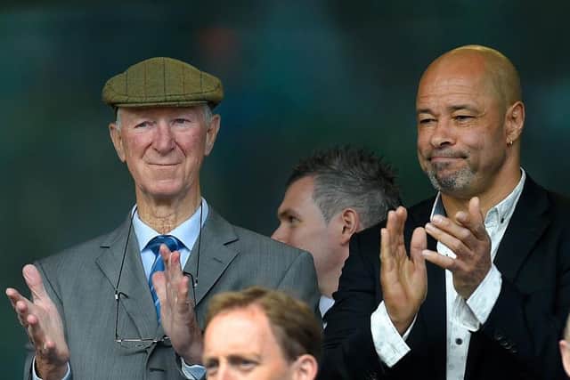 Jack Charlton and former player Paul McGrath at an International friendly match between Republic of Ireland and England in 2015. The statue will feature Jack in his trademark cap.