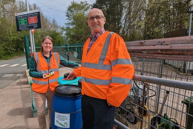 Senior waste management officer Wendy Fail and Coun John Riddle with one of the new vape recycling bins.