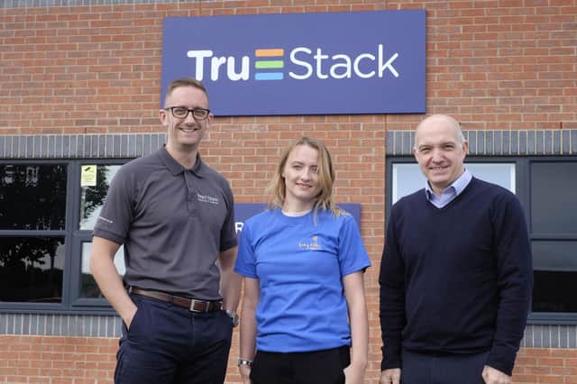 Two of TruStack's six directors, Russell Henderson and Paul Watson, with Rachel Hardwick, from Tiny Lives.