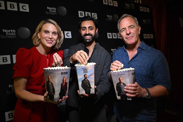 Robson Green, Liz White and Gurjeet Singh. (Photo: BBC)