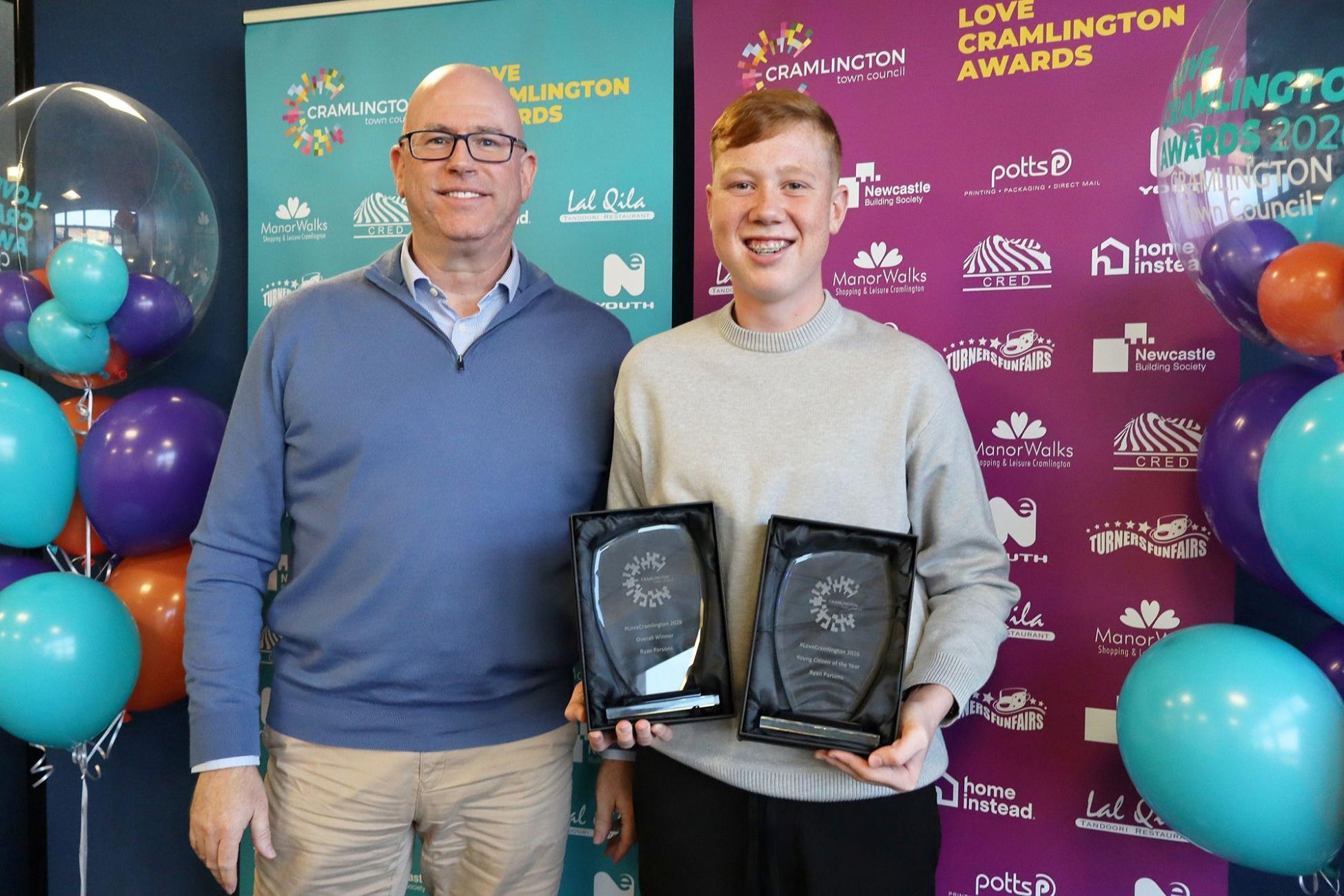 Ryan Parsons MYP, Love Cramlington Young Citizen of the Year and Overall Winner 2026, with David Whitehurst from Cramlington Renewable Energy Developments Ltd, the event sponsor.