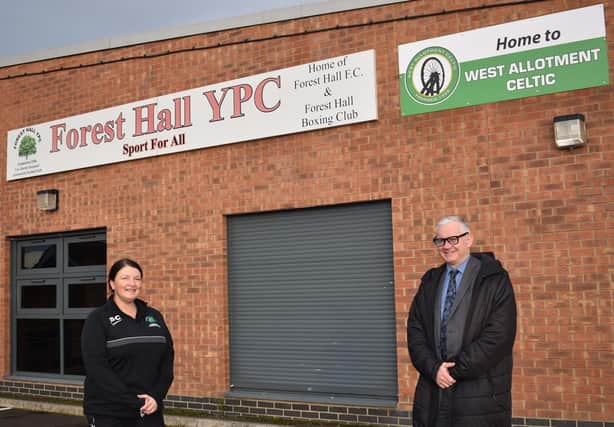 Samantha Corbett (left), pavilion supervisor at Forest Hall Young Peoples Club, with Chris Kelsey of the Banks Group.