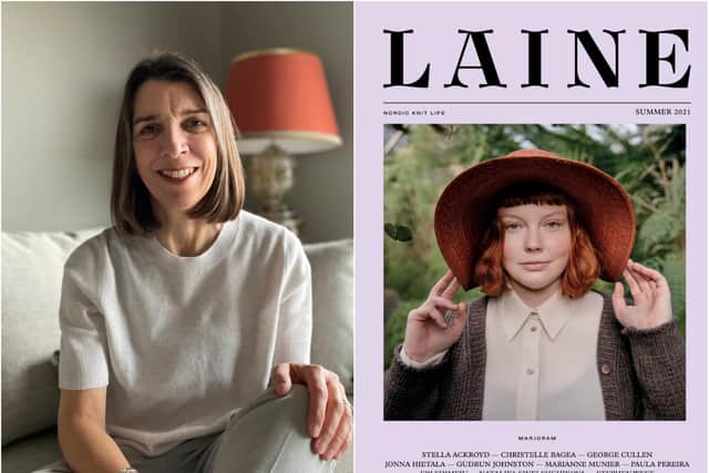 Stella Ackroyd's latest knitwear design is featured on the front of Laine magazine.