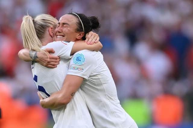 Lucy Bronze celebrates with Alex Greenwood after the final whistle of the UEFA Women's Euro 2022 final. (Photo by Mike Hewitt/Getty Images)