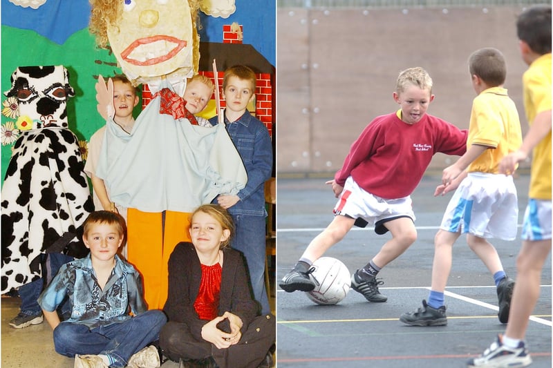 Left, the main characters in the Red Row First School Christmas production of Jack And The Beanstalk in December 2003. Right, kids enjoy the new facilities at Red Row Pavilion in September 2003.
