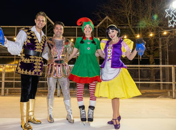 Members of Theatre Royal, Newcastle panto cast (C) Joe McElderry and (R) Kirsty Ingram (Snow White) and (L) Wayne Smith (The Prince), with (second from left) The Singing Elf Rebecca Corbett.