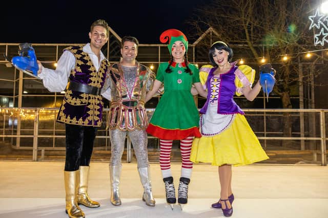 Members of Theatre Royal, Newcastle panto cast (C) Joe McElderry and (R) Kirsty Ingram (Snow White) and (L) Wayne Smith (The Prince), with (second from left) The Singing Elf Rebecca Corbett.