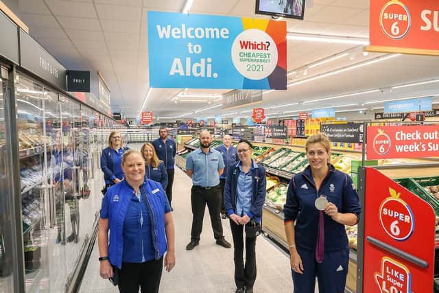 Team GB athlete Gemma Gibbons with store manager Nancy Dalrymple and the Aldi team.