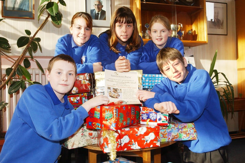 Boxes for Operation Christmas Child collected by pupils at Glendale Middle School, Wooler, in November 2003.