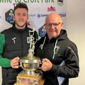 Keeper Alex Mitchell receives his Supporters' Player of the Season award from Ian Herdwick, of the supporters club. Picture: Blyth Spartans