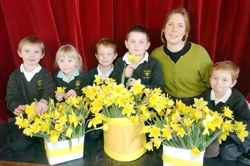 A yellow assembly at St Oswalds School, Alnwick, to launch month of charity fundraising in March 2004.