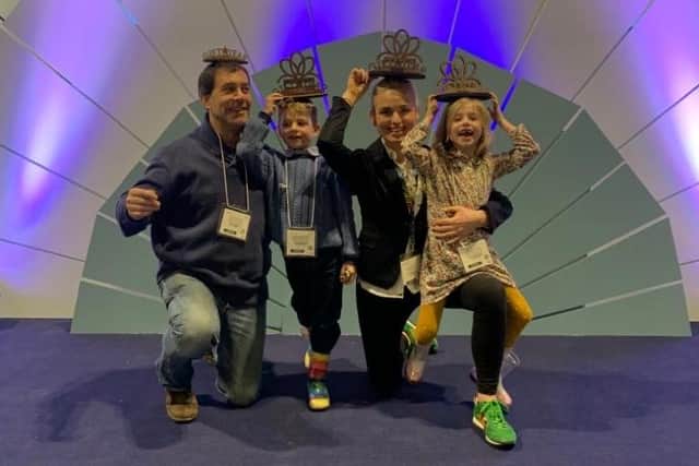 Adrian and Amanda Wooldridge, with their children celebrating Squelch's success at the The Gift Association's 'Gift of the Year 2020' Awards.