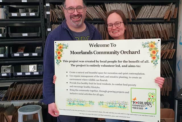 Moorlands Community Orchard's new sign.